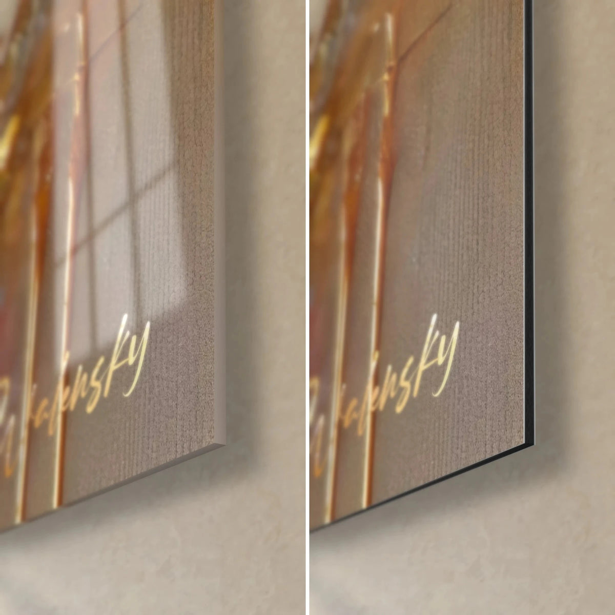 Wall art Brown bear in oil painting, lower right corner: glossy glass reflecting the window, matte grey Dibond, thin edge