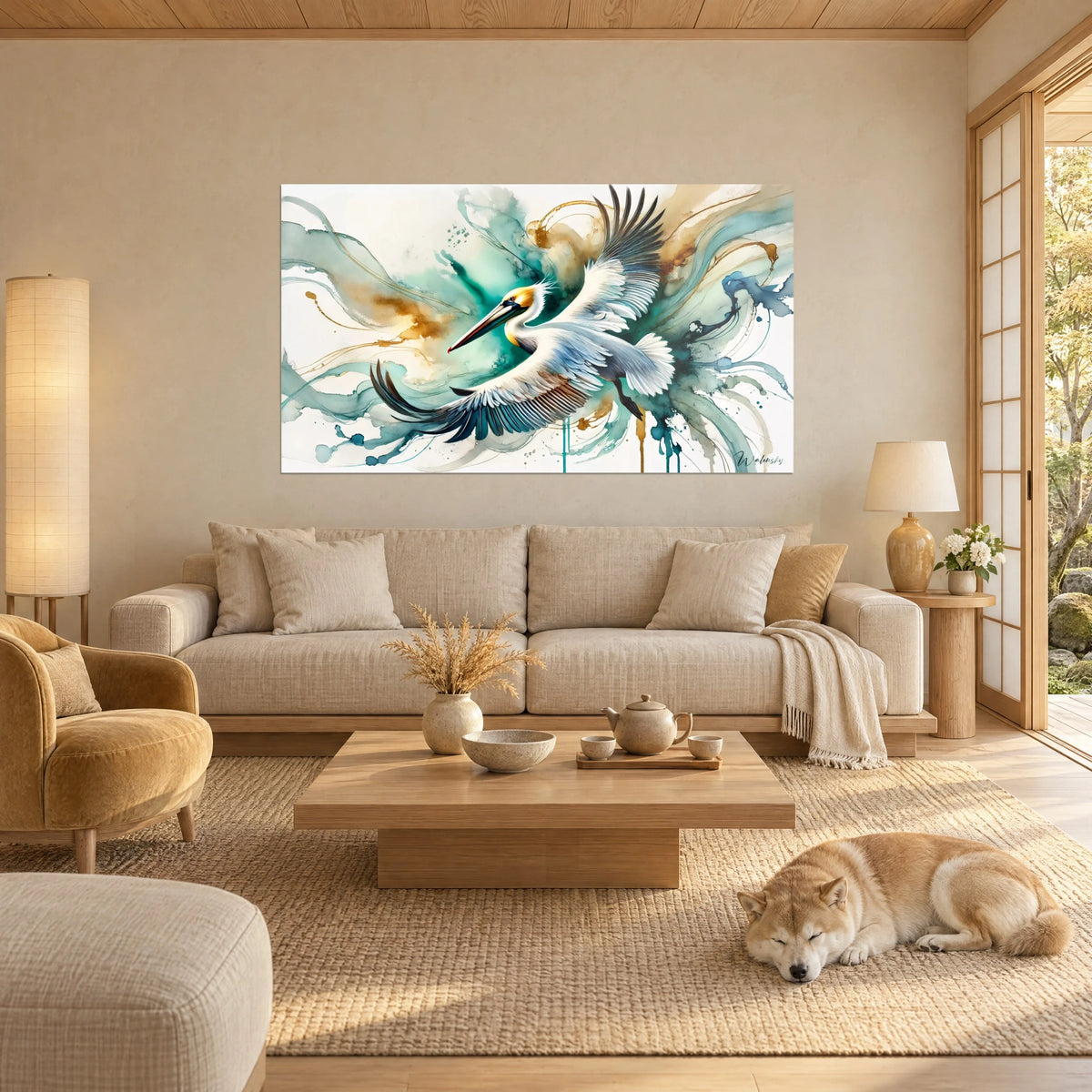 Gemälde weißer Pelikan mit ausgebreiteten Flügeln, Tinte in Türkis und Gold, schlafender Shiba, über einem Sofa in einem hellen Wohnzimmer