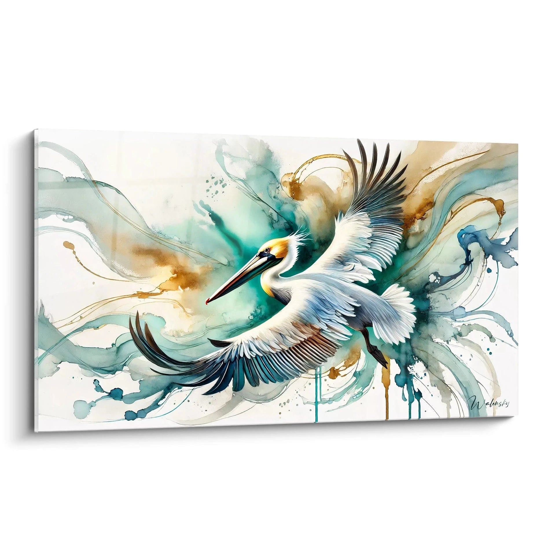 tableau pelican vue de biais capture la puissance de l oiseau en plein vol les couleurs abstraites en fond evoquent les vagues et le vent offrant une sensation de liberte et d elegance

