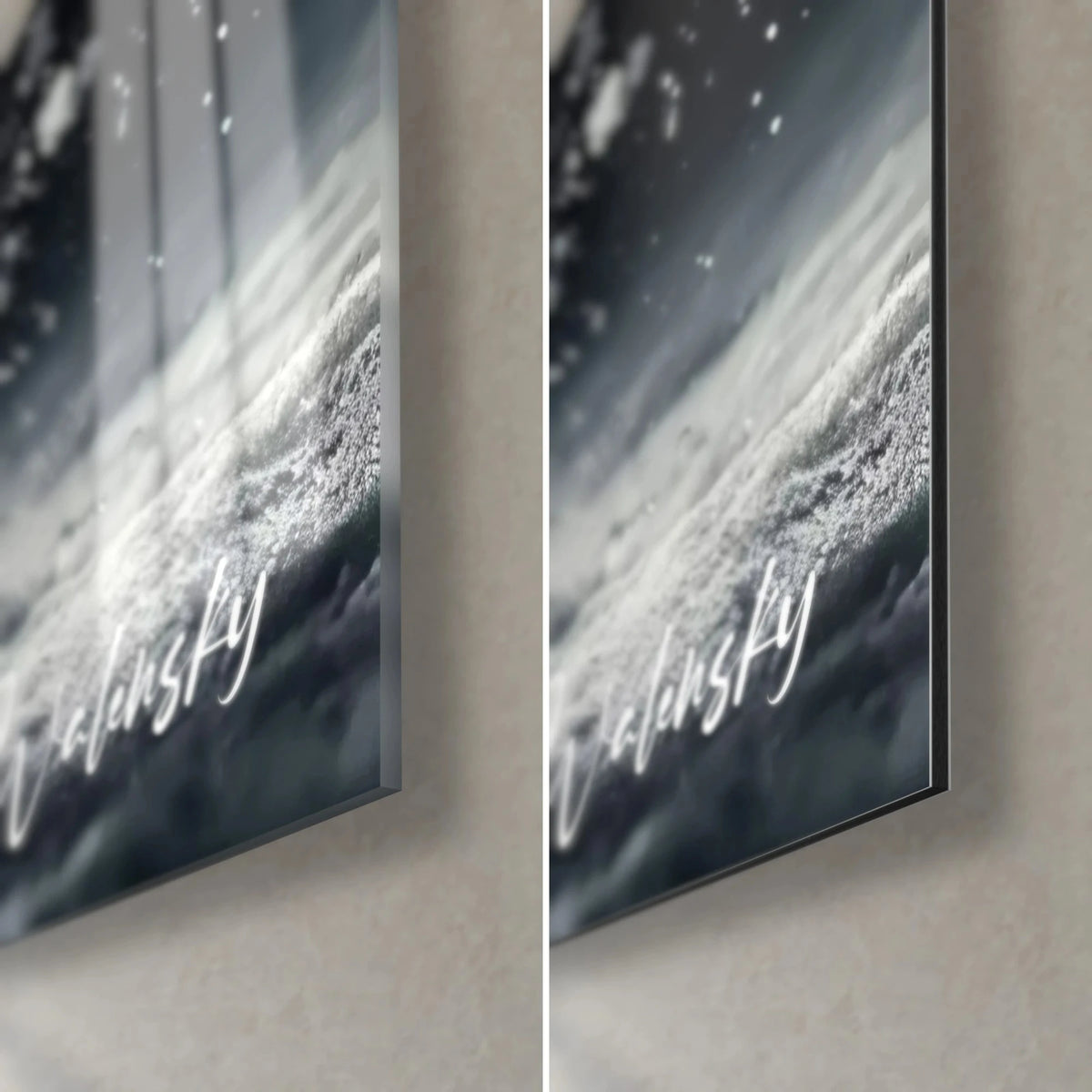 Wall art white snowy owl, bottom right corner: glossy acrylic glass on the left, matte black Dibond on the right, 3 mm edge