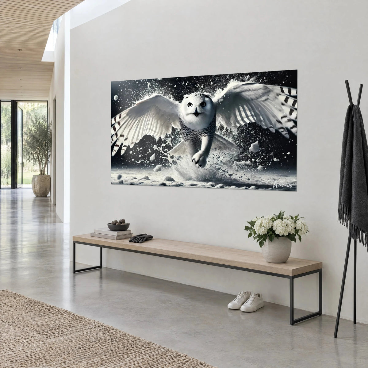 Wall art white bird of prey swooping toward us, brown-striped feathers, black powder-snow background, light wall of an entryway