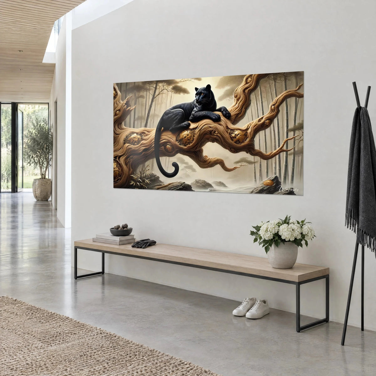 Wall art ebony feline stretched along a carved trunk in ochre and gold, misty ivory bamboo, three-quarter view in a bright hallway