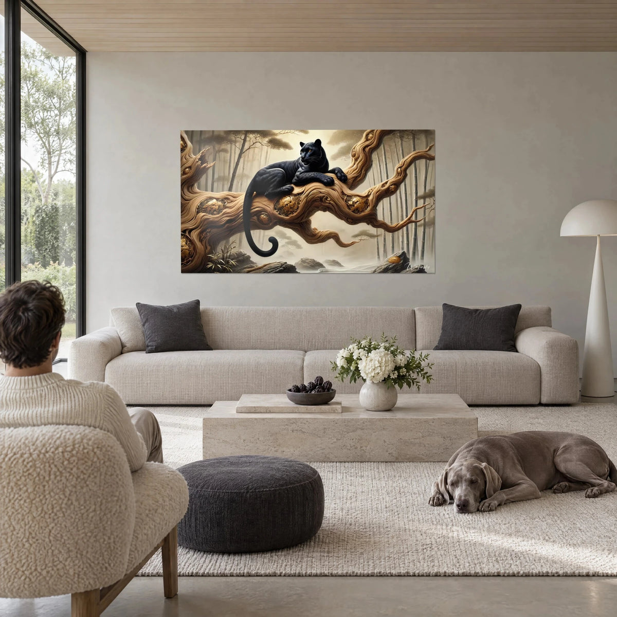 Wall art black panther lying stretched out on a branch of blond wood with golden knots, backdrop of beige bamboo, hung above a sofa in a bright living room
