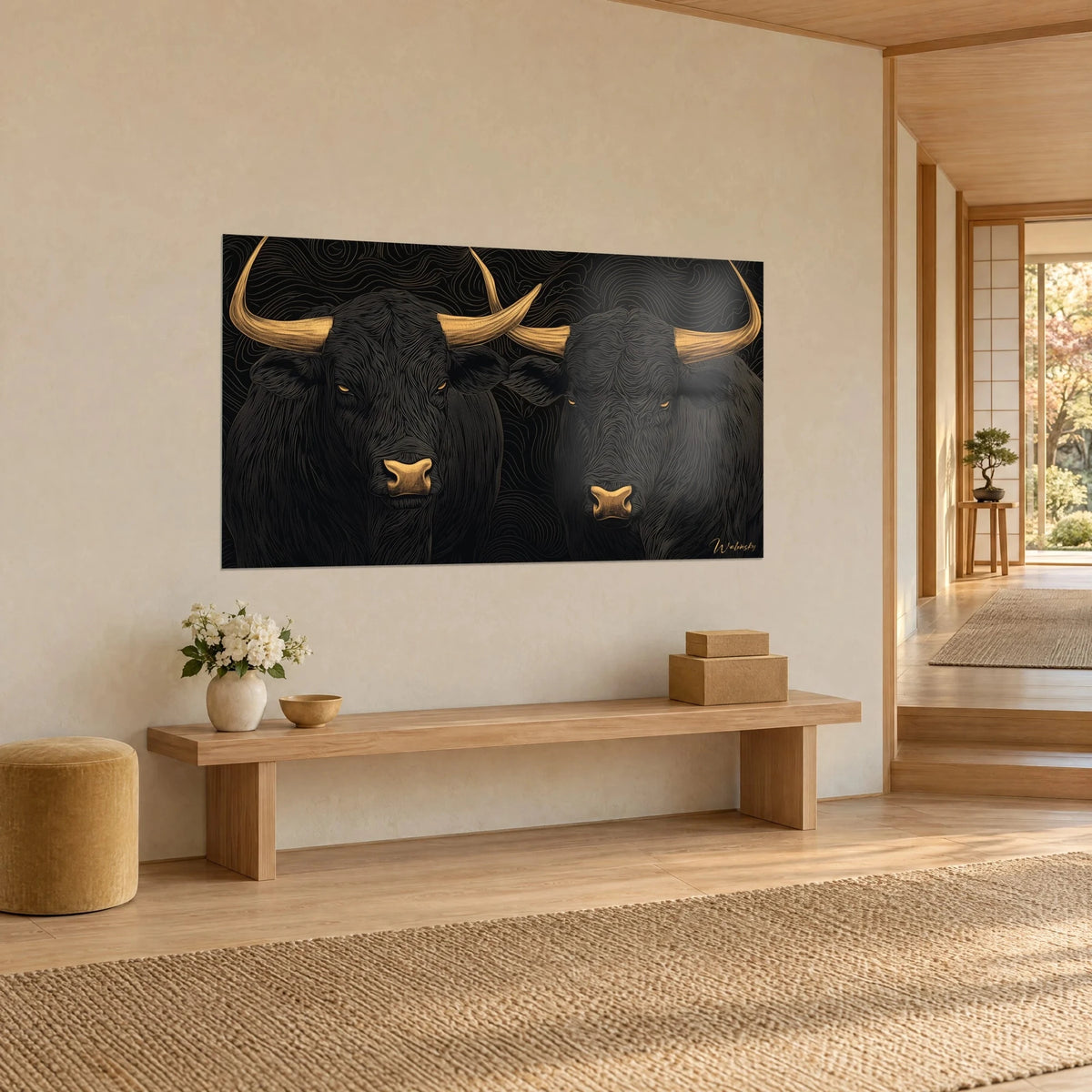 Quadro coppia di bovini d'ebano con corna ocra dorate e sguardo ambrato, visti di tre quarti su una parete color crema accanto a una panca in legno chiaro