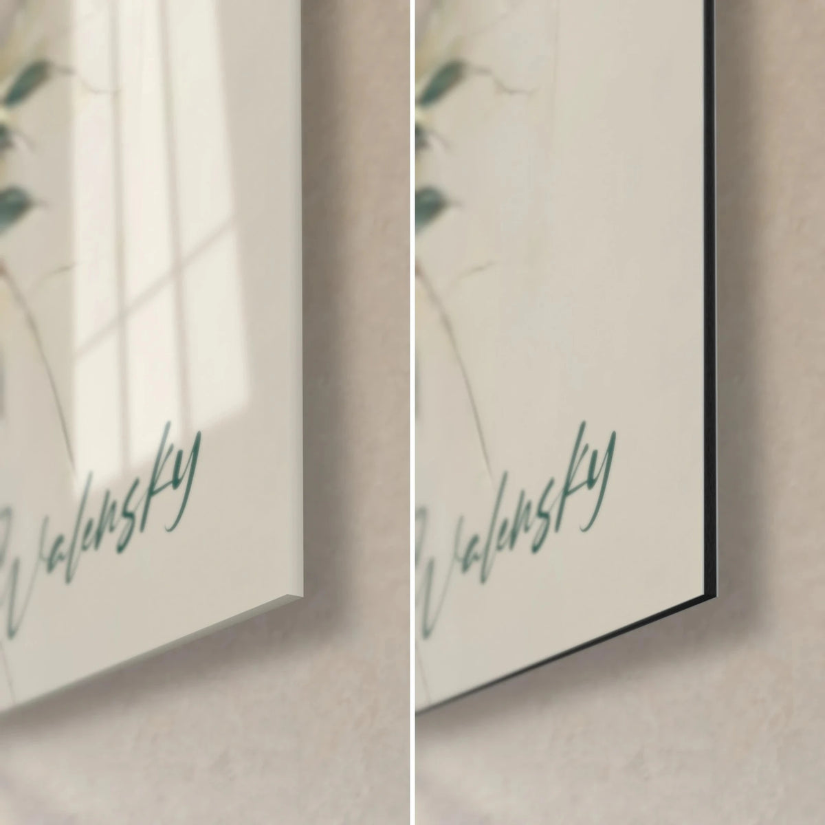 Wall art of panda cubs painted with a palette knife, bottom right corner: glossy acrylic glass on the left, matte black Dibond on the right, green signature