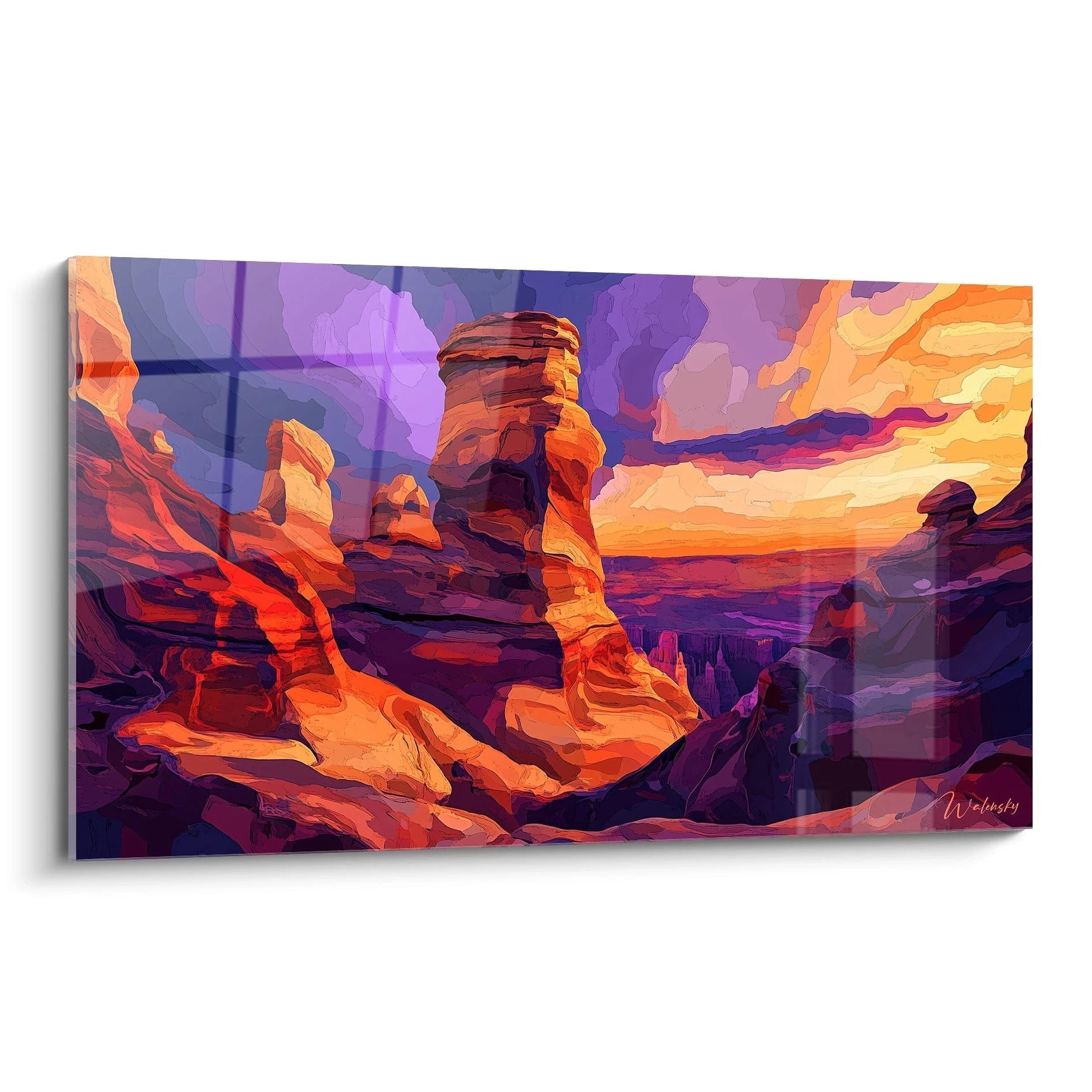 Un tableau canyon présentant des formations rocheuses orangées illuminées par un coucher de soleil, avec un ciel dégradé de violet à orange. Les piliers rocheux sculptés par l'érosion se dressent majestueusement dans un paysage désertique aux ombres pourpres profondes.
