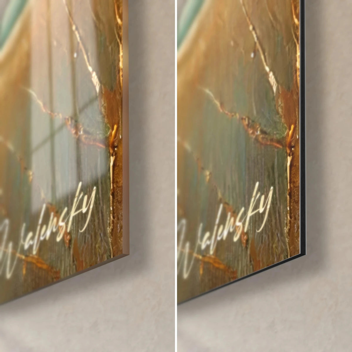 Tableau baobabs en peinture vert d'eau et ocre, coin bas droit : signature Walensky, verre brillant à gauche, Dibond mat à droite