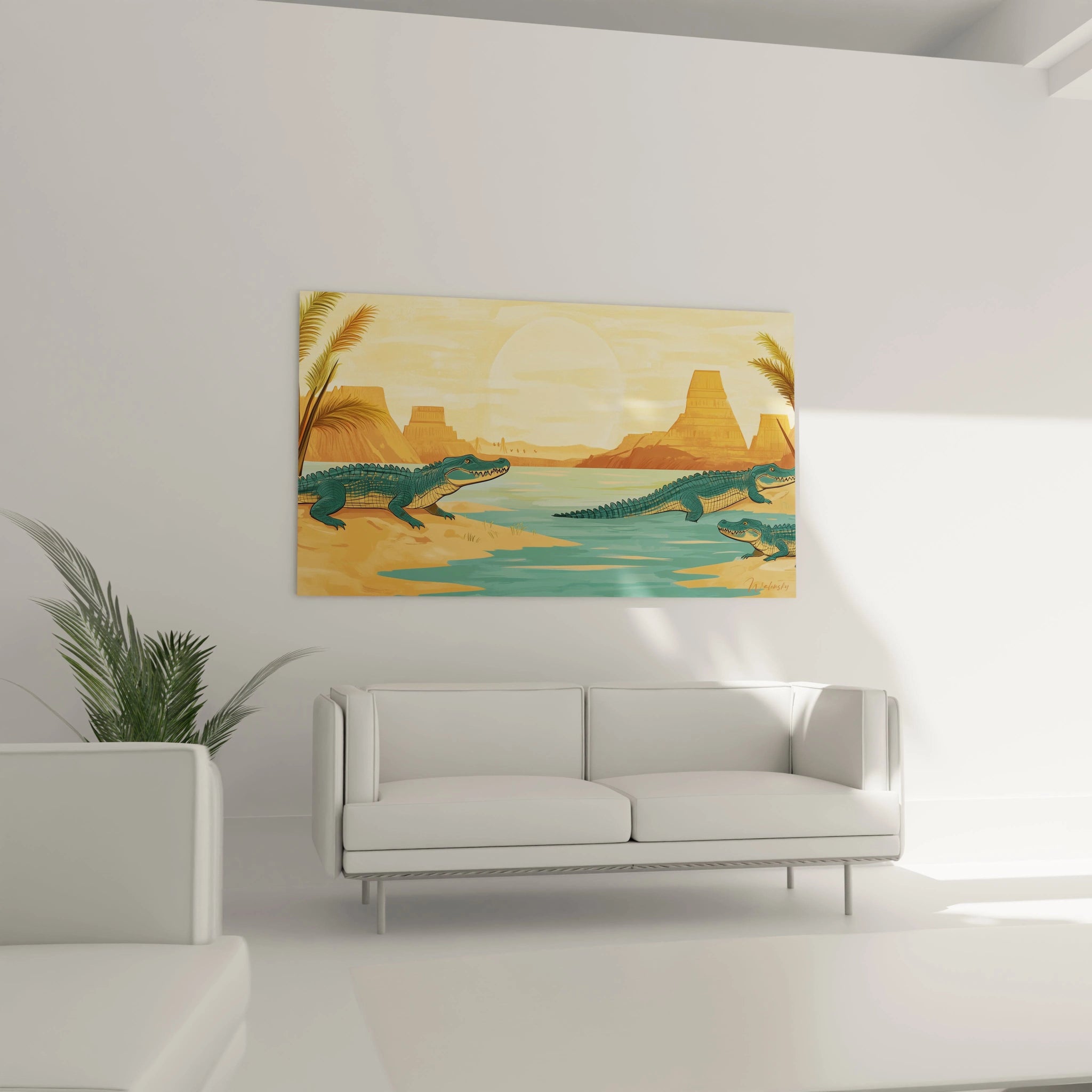 Un tableau crocodiles stylisé présentant des reptiles détaillés dans un paysage égyptien aux tons orange, turquoise et beige avec des pyramides.
