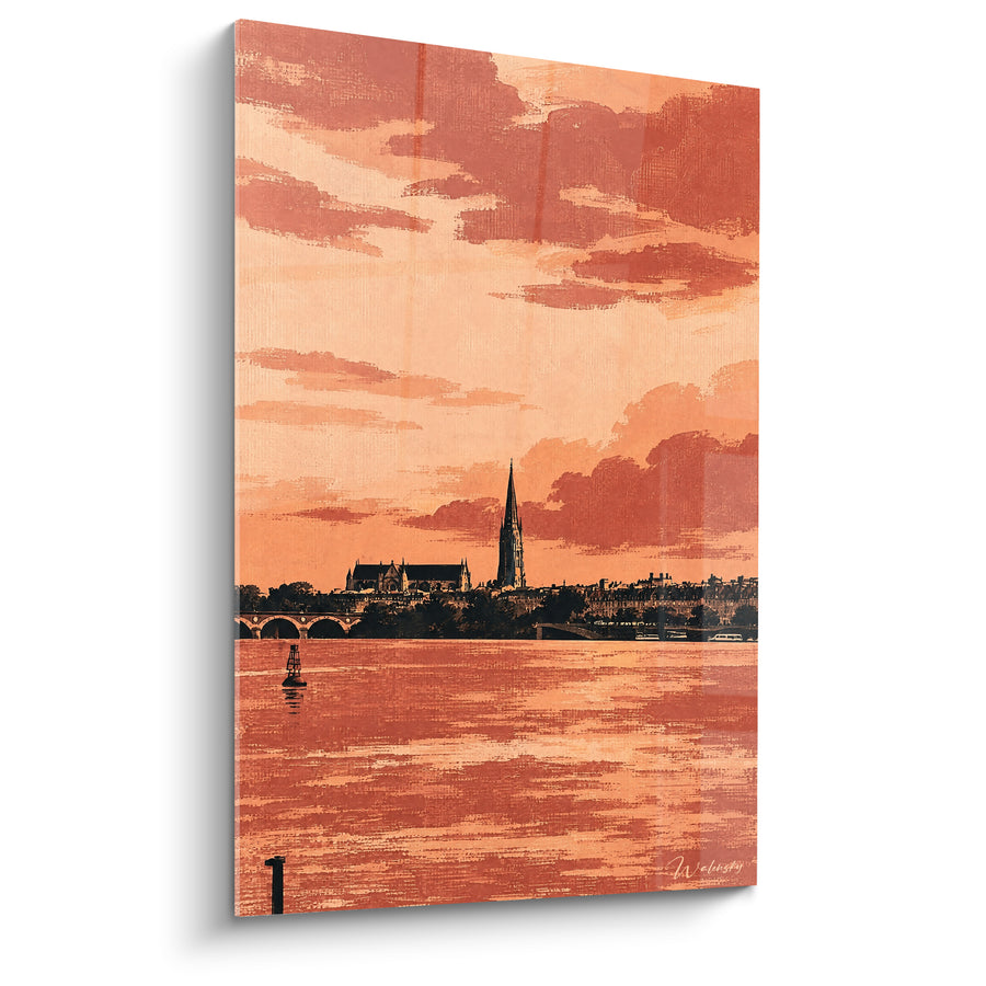 Schilderij Rivier koraal en gotische pijl bij zonsondergang - Rivier Schemering - Editie Garonne Nouvelle-Aquitaine Frankrijk