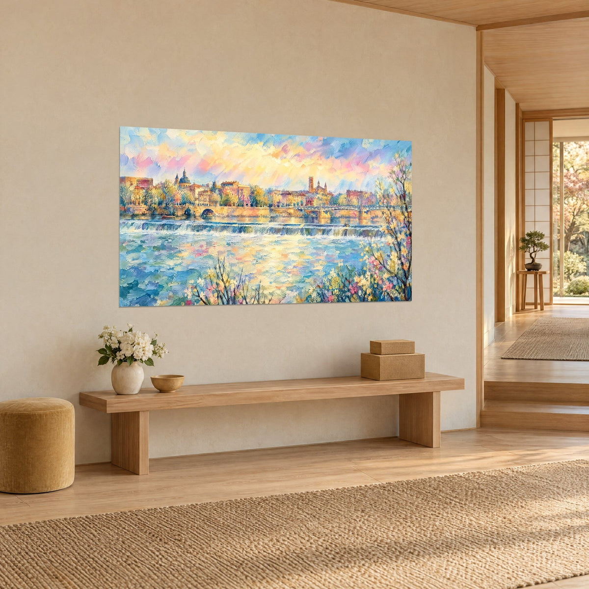 Schilderij van een stad aan de rivier met okerkleurige koepels en klokkentoren, schuimende waterkant in blauw en lichtgeel, houten bank, driekwartzicht