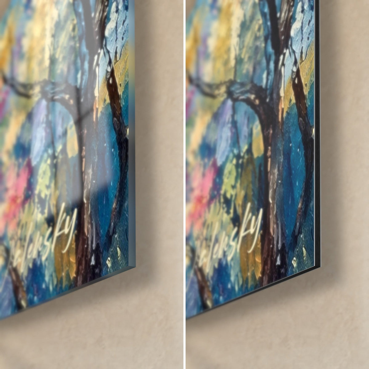 Schilderij van een rivier met blauwe en roségouden reflecties, rechtsonder, bloeiende tak, glanzend glas en mat Dibond, 3 mm dik