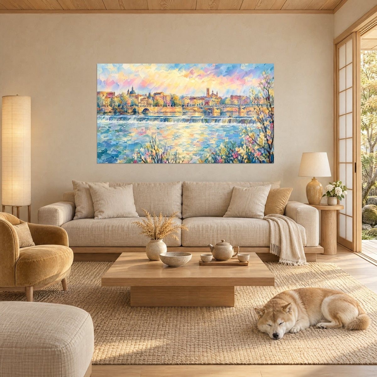 Schilderij van een riviergezicht in aquarel met blauwe en roségouden reflecties, bloeiende takken, slapende Shiba, boven een bank in een lichte woonkamer