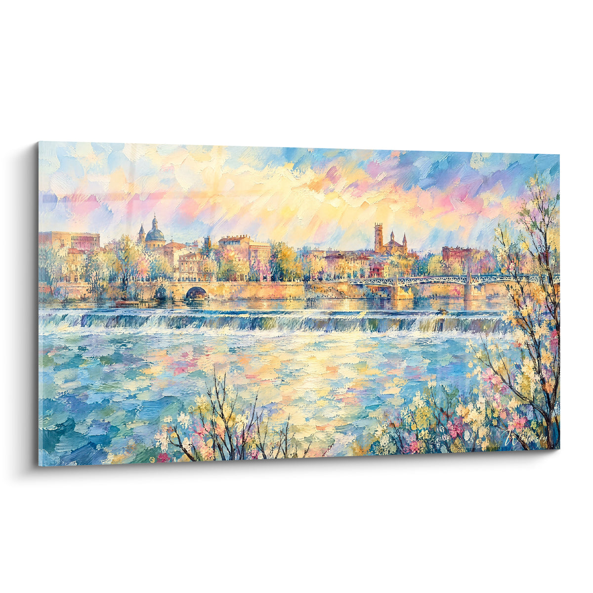 Schilderij van een riviersstad in pastelroze en blauwe tinten, brug en gouden reflecties, impressionistische aquarelstijl