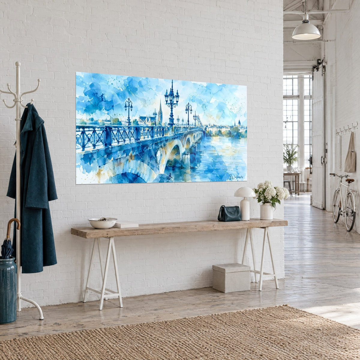 Schilderij gouden stenen bogen over de Garonne, doorbroken balustrade in middernachtblauw en gespikkelde lucht, in een kunstenaarsloft