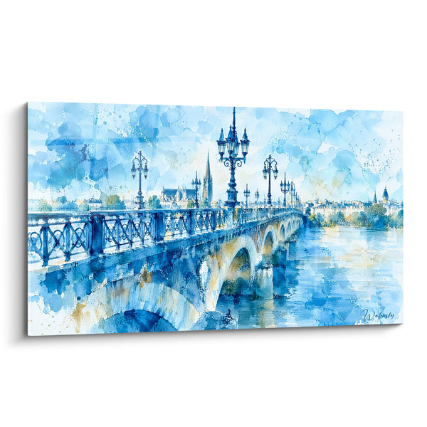 Schilderij Steenbrug Blauw en Goud - Ochtendoversteek - Editie Garonne Nouvelle-Aquitaine Frankrijk