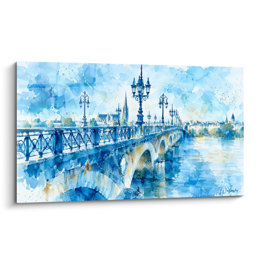 Schilderij Steenbrug Blauw en Goud - Ochtendoversteek - Editie Garonne Nouvelle-Aquitaine Frankrijk