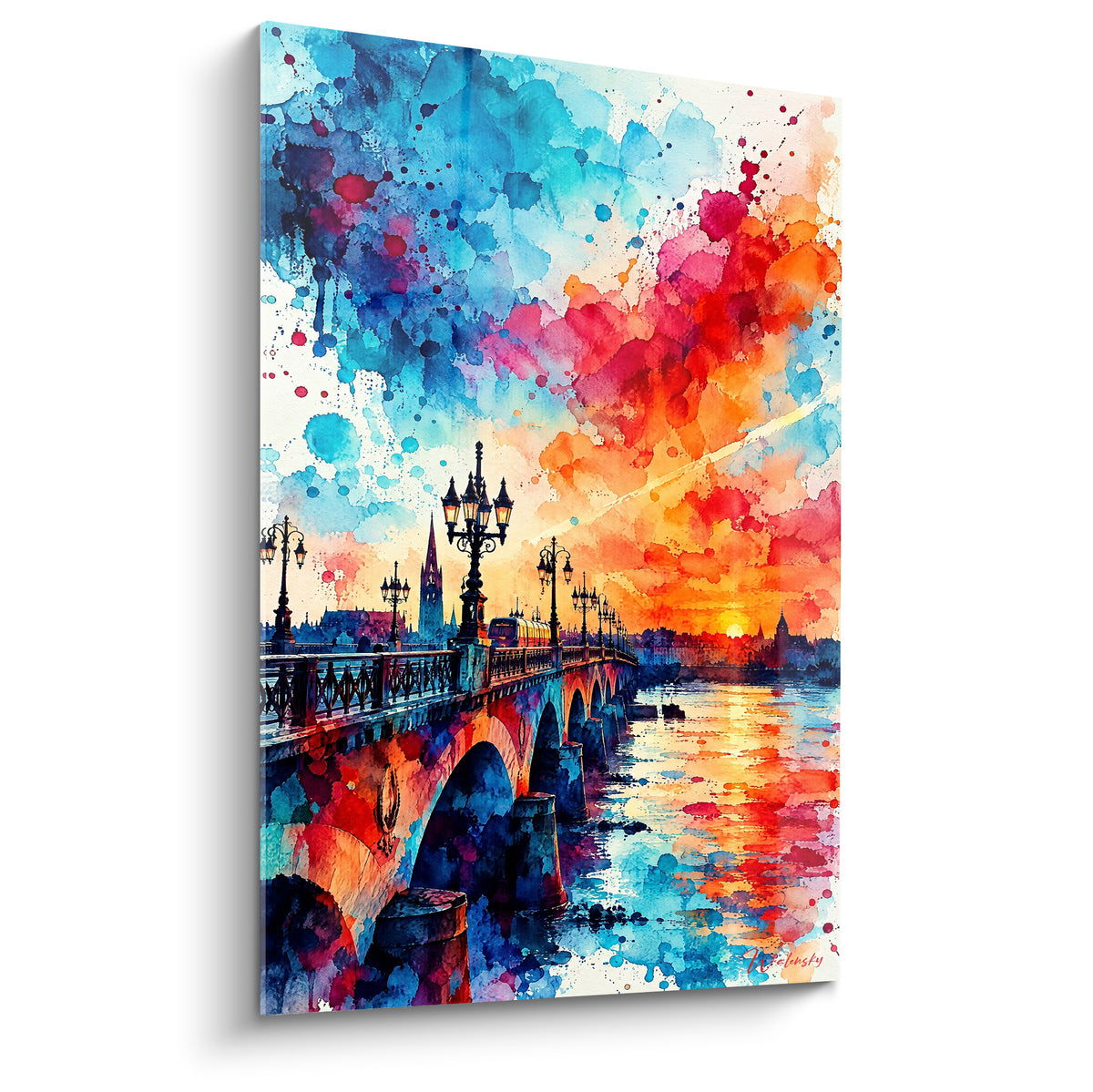 Pont de pierre sur la Garonne en aquarelle bleu turquoise et orange flamboyant au coucher du soleil