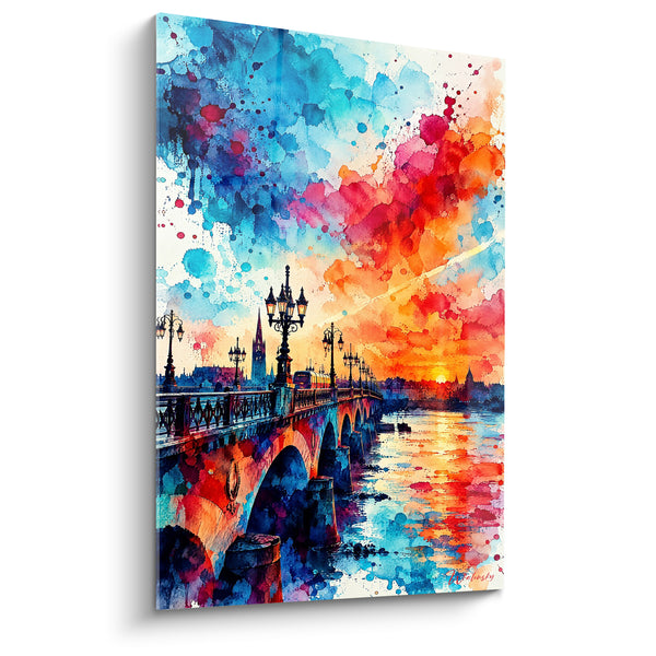 Schilderij Steenbrug met blauw-oranje bogen - Avondgloed - Editie Garonne Nouvelle-Aquitaine Frankrijk