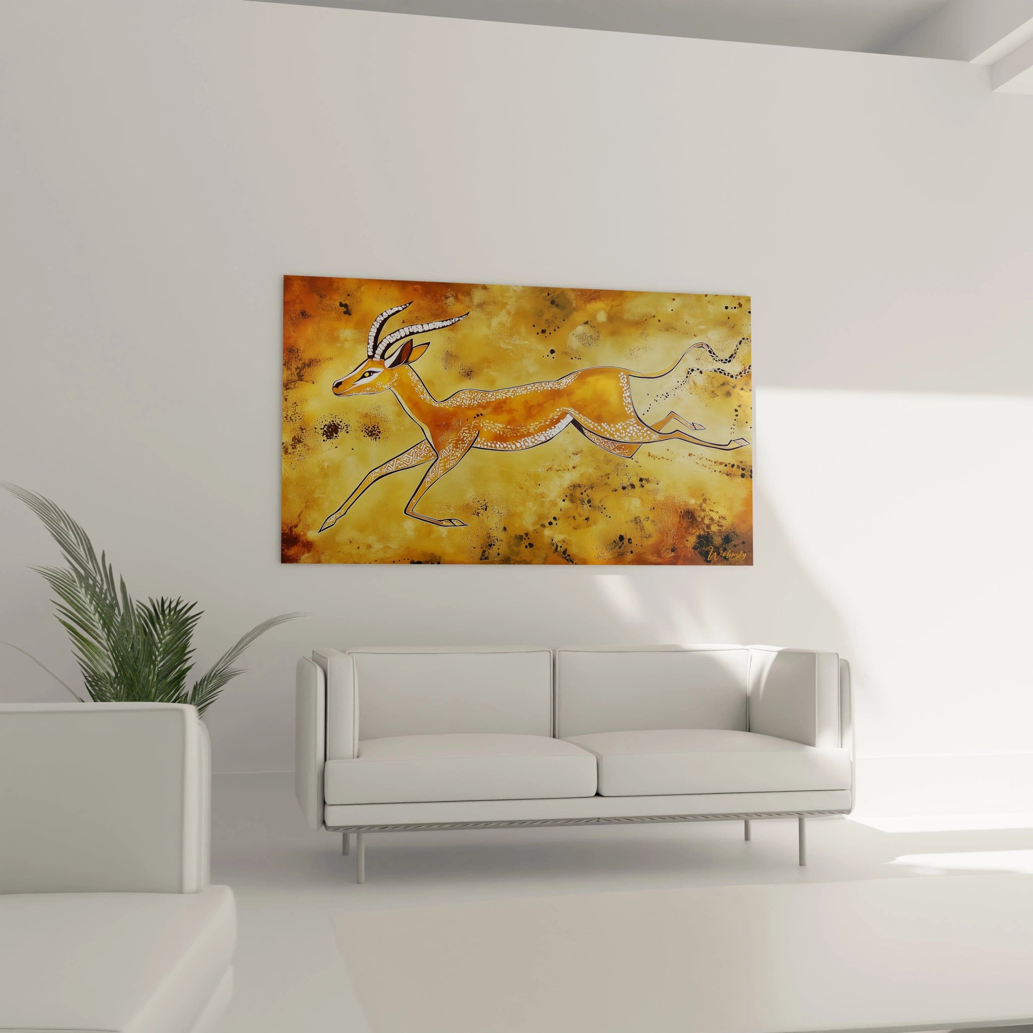 Tableau représentant une gazelle sur fond orange, créé par Walensky pour une décoration moderne