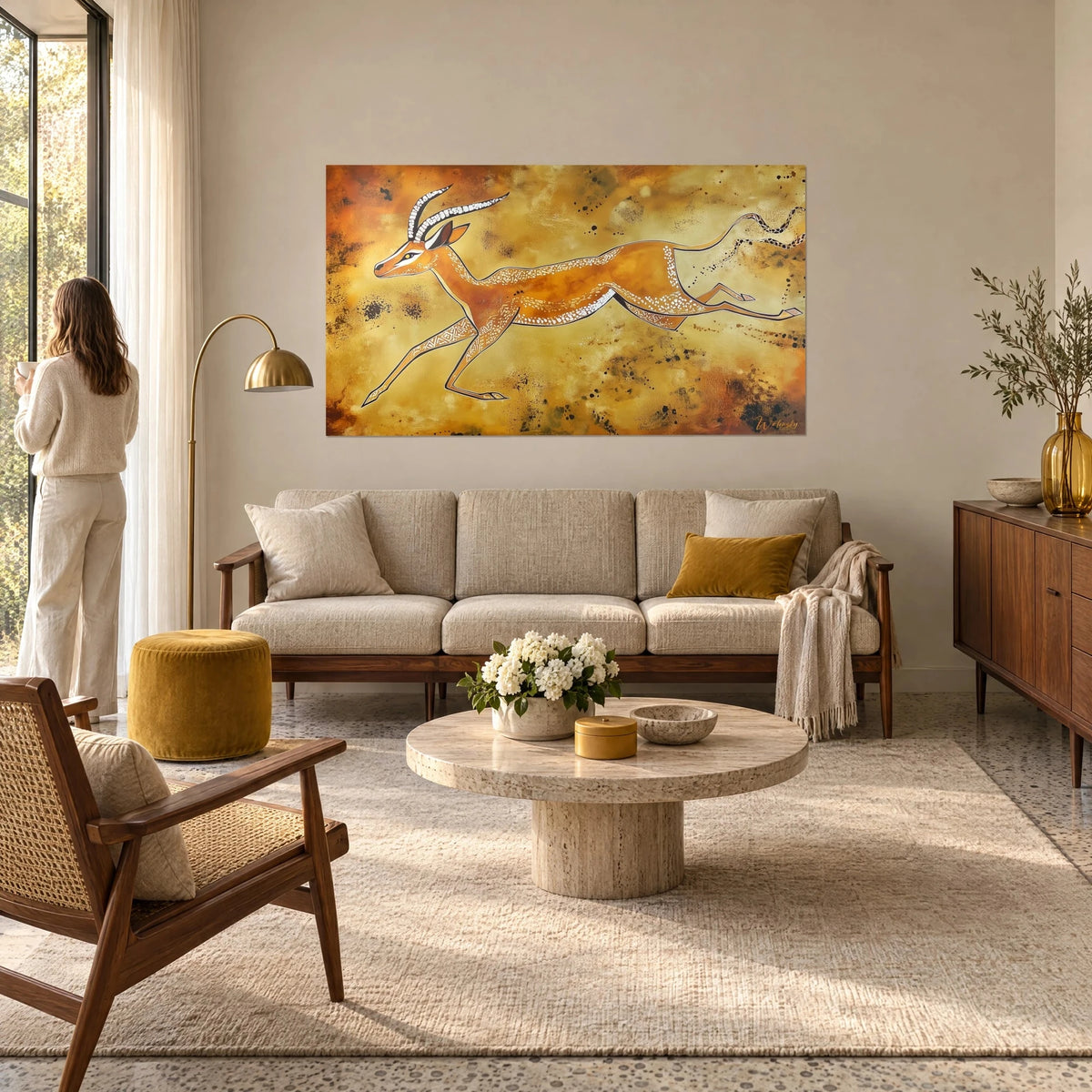 Tableau gazelle bondissante ocre et blanc, cornes cerclées, motifs de points, au-dessus d'un canapé dans un salon lumineux