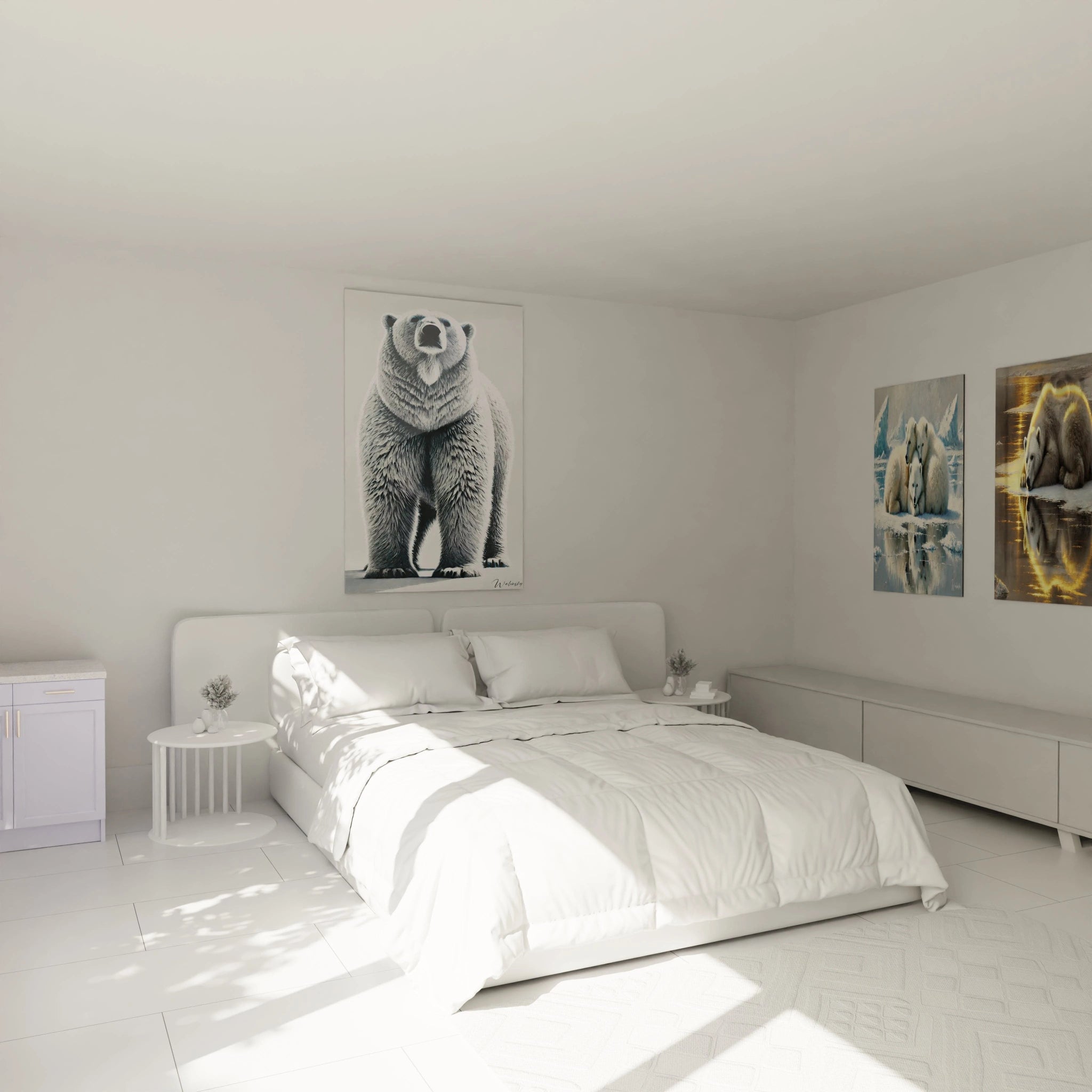 Ce tableau ours polaire au-dessus du lit transforme la chambre en un sanctuaire de sérénité. Son design imposant et élégant crée un point focal puissant dans cet espace intime et relaxant.

