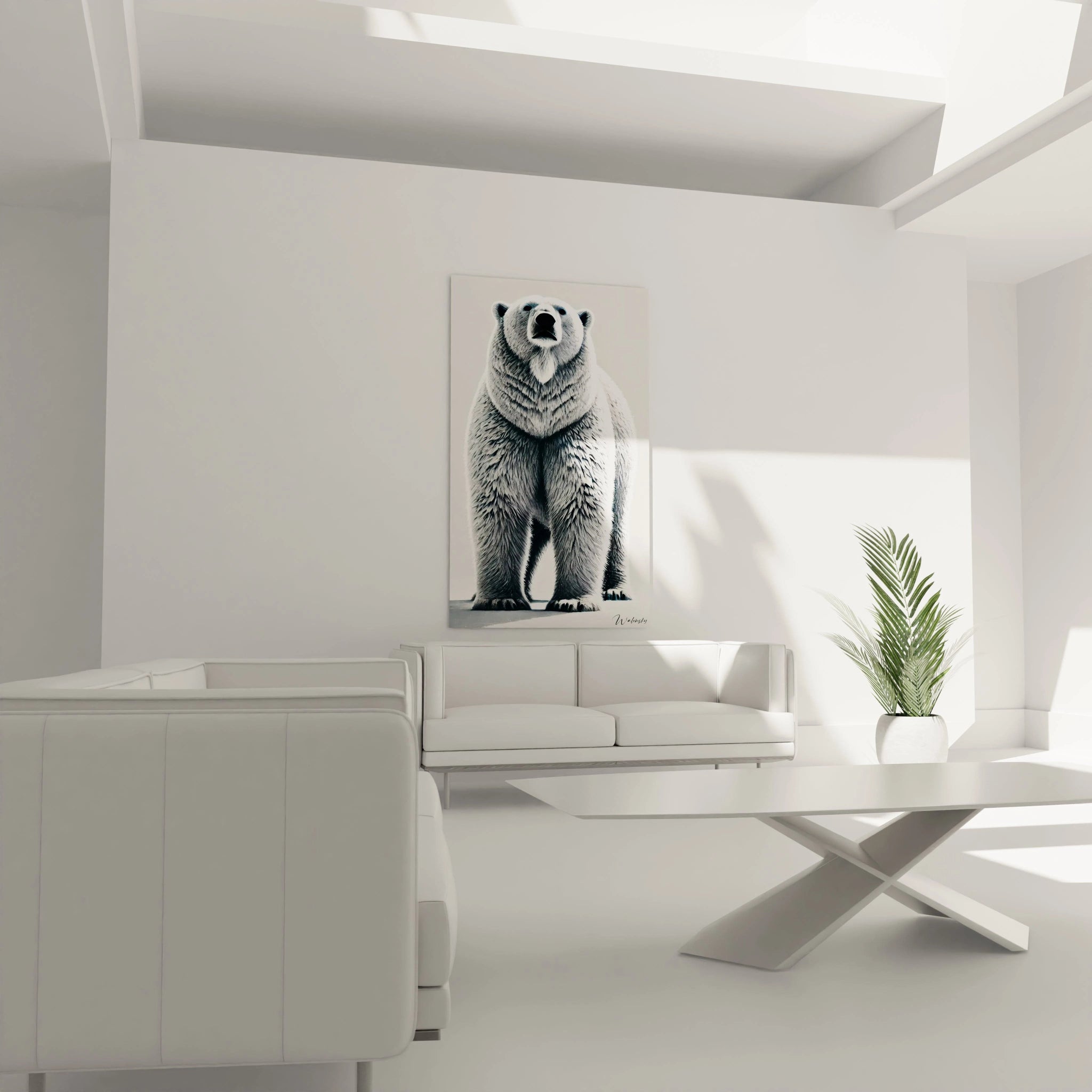 Apportez une touche de majesté à votre salon avec ce tableau ours polaire. Sa présence imposante et son esthétique minimaliste font de lui un véritable point d'attention dans la pièce.

