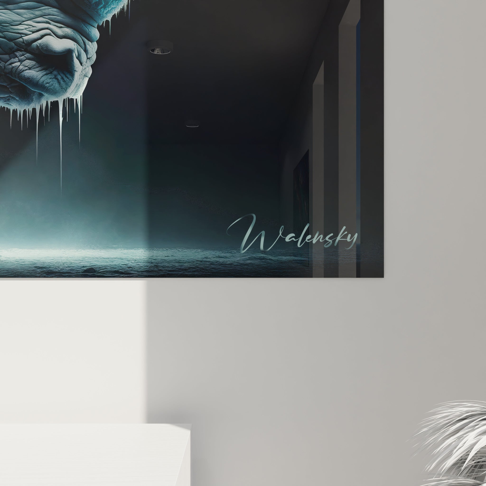 Un tableau d'animal représentant un rhinocéros aux teintes froides gris-bleu sur fond noir profond. Les détails de la peau épaisse et plissée sont minutieusement rendus. Les cornes bleu turquoise translucides contrastent avec le corps mat, tandis que des formations glacées en forme de glaçons pendent du visage, créant une atmosphère hivernale.
