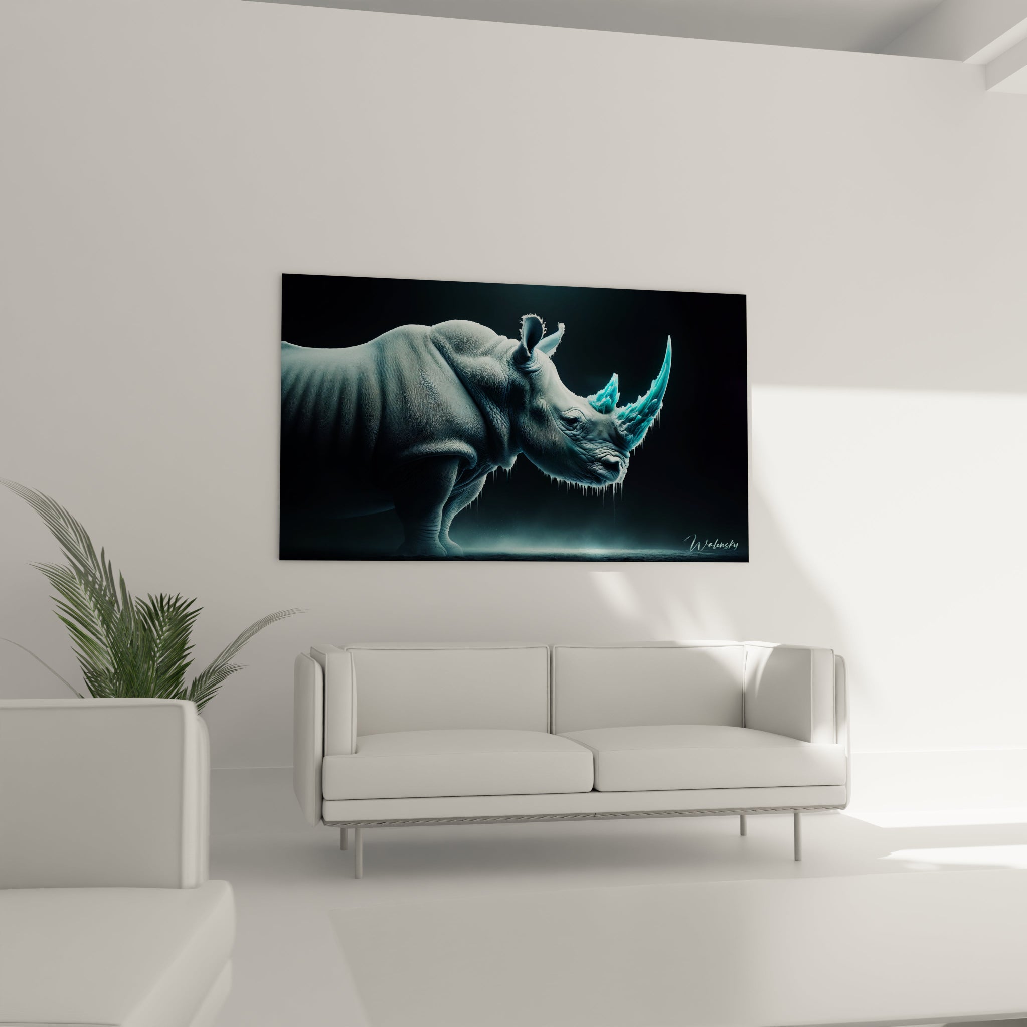 Un tableau d'animal montrant un rhinocéros aux teintes bleutées avec des cornes cristallines turquoise luminescent. La texture granuleuse de la peau est rendue avec précision, tandis que les cornes semblent faites d'un matériau transparent et brillant. Des éléments glacés en suspension créent un effet de congélation ou de fonte sur le visage de l'animal.
