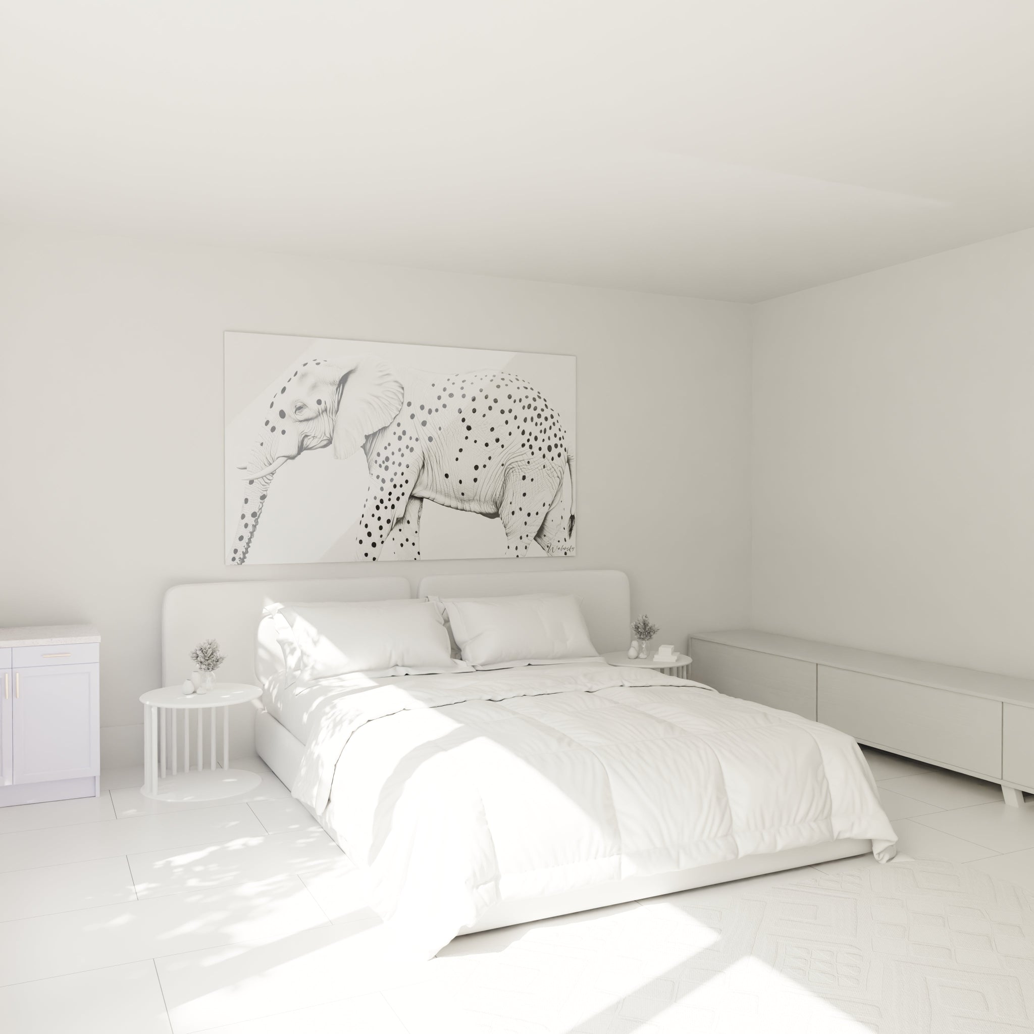 Tableau noir et blanc d'un éléphant de Walensky accroché dans une chambre moderne et lumineuse