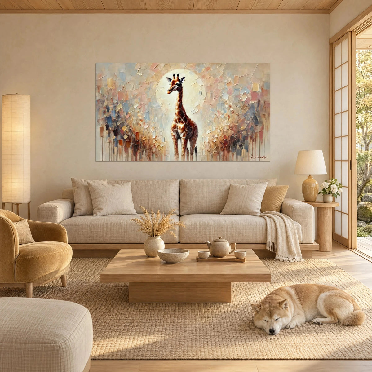 Quadro di giraffa dal collo maculato davanti a un alone avorio, frammenti ruggine e grigio azzurro, sopra un divano in un soggiorno luminoso