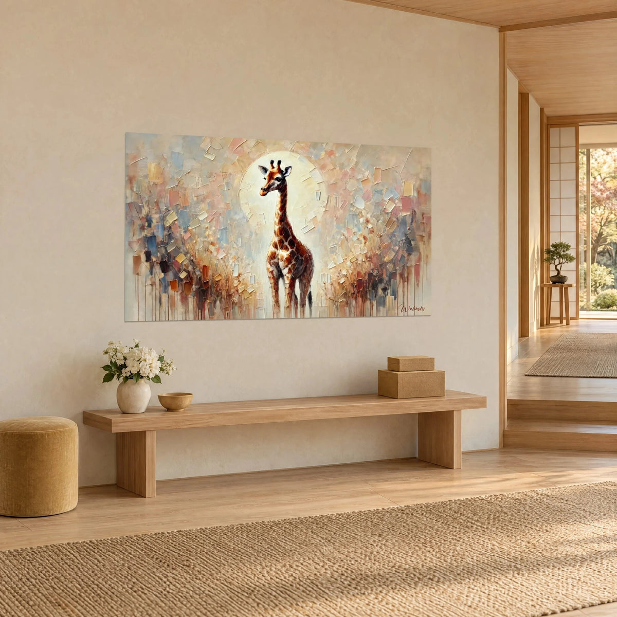 Quadro di una grande giraffa marrone e ocra in pittura a spatola, alone crema, appeso sopra una panca in legno chiaro