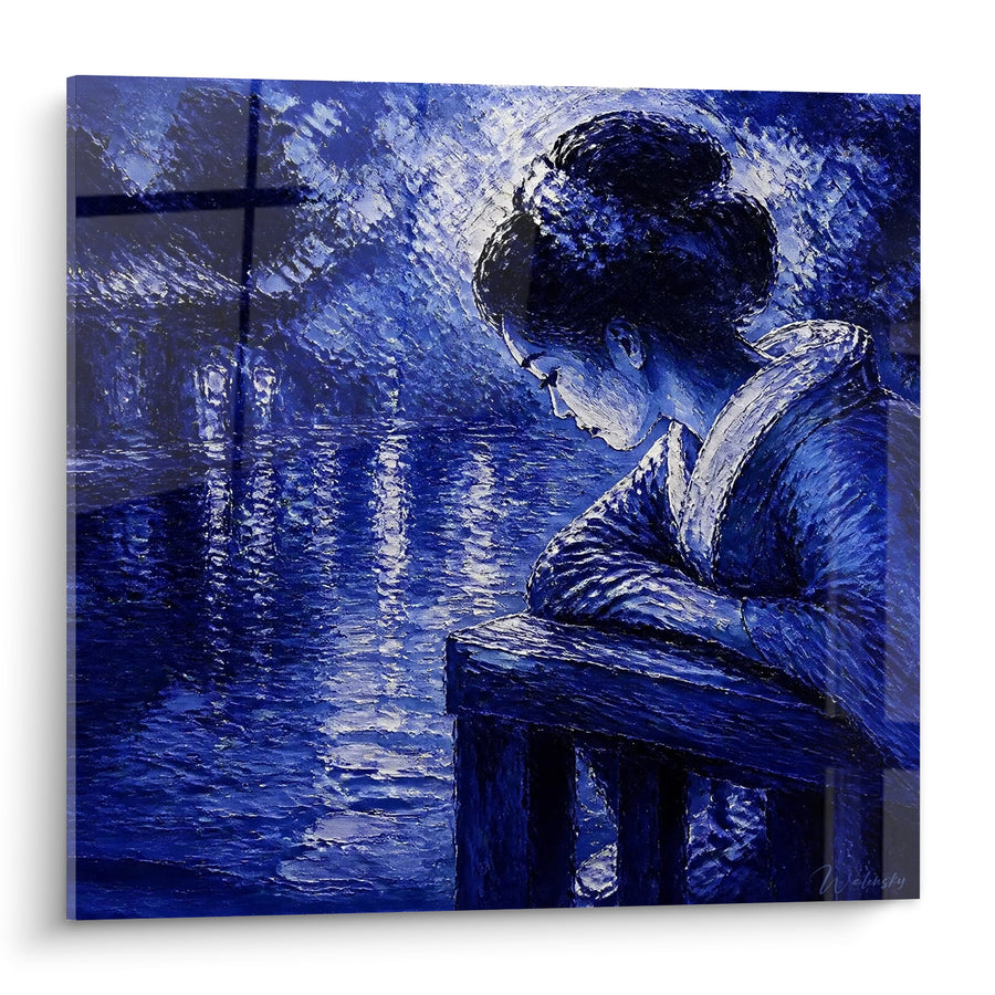 Tableau Geisha accoudée au balcon bleu nocturne - Rêverie nocturne - Edition geisha