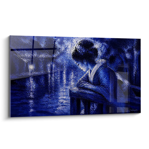 Tableau Geisha accoudée au balcon bleu nuit - Songe nocturne - Edition geisha
