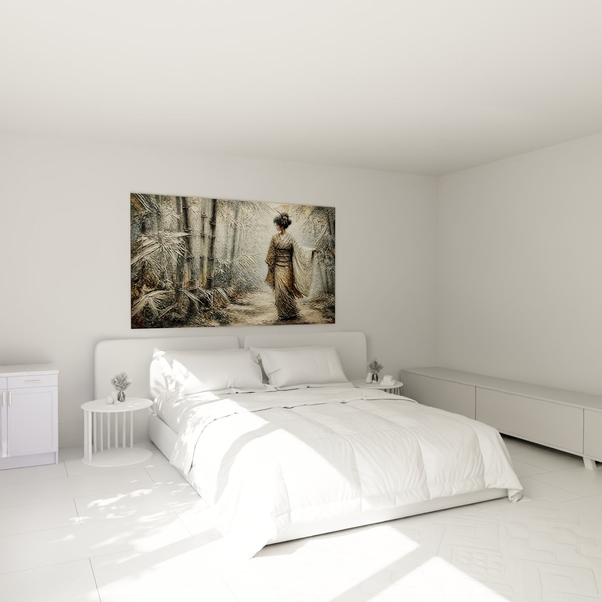 Silhouette en kimono ocre et anthracite parmi les bambous, au-dessus d'un lit dans une chambre claire