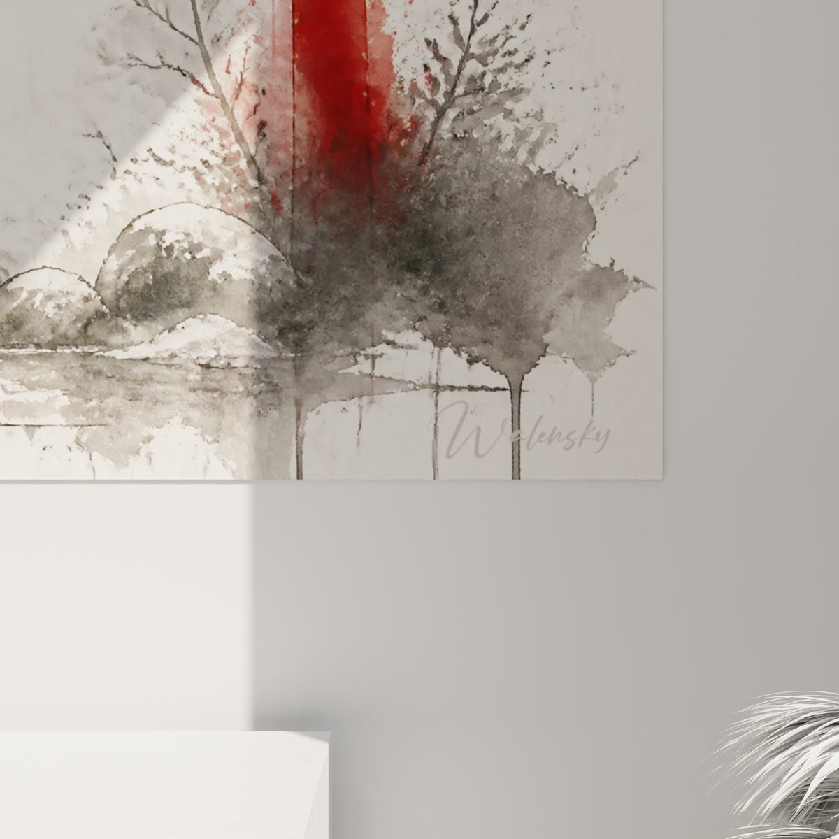 Détail des coulures d'encre noire et des éclats rouges du torii, grain du papier visible sur cette toile japonisante