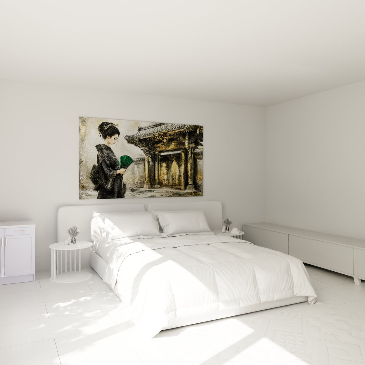 Silhouette de geisha au kimono anthracite et à l'éventail émeraude, au-dessus d'un lit dans une chambre claire