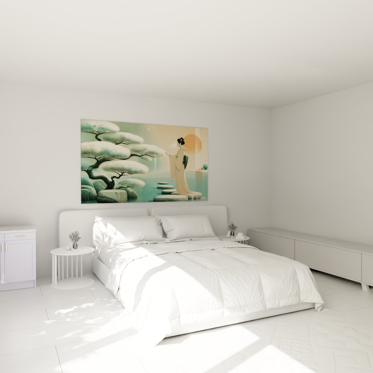 Kimono beige et pin givré blanc composent cette scène zen, accrochée au-dessus d'un lit dans une chambre claire
