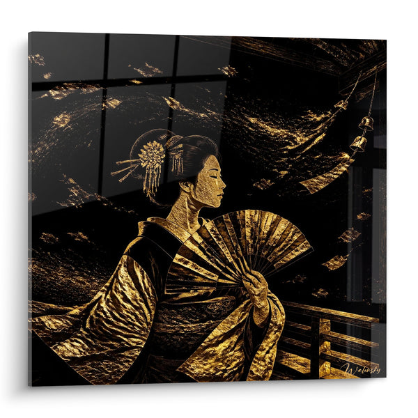 Tableau Geisha noire et dorée à l'éventail - Grâce silencieuse - Edition geisha