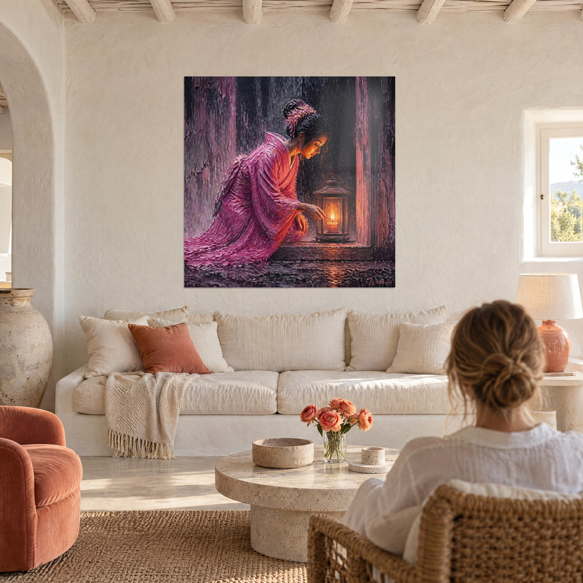 Wall art geisha in a fuchsia pink kimono leaning over her lantern, orange flame beneath violet rain, above a sofa in a bright living room