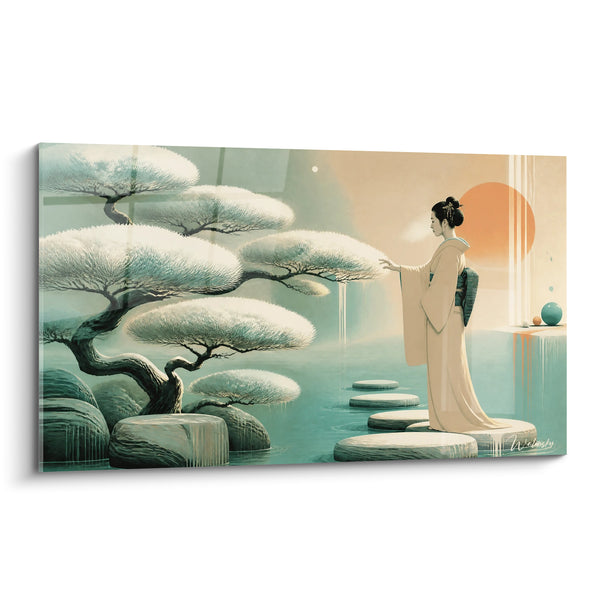 Tableau Pin blanc effleuré par une main beige et turquoise - Pierres de gué - Edition geisha