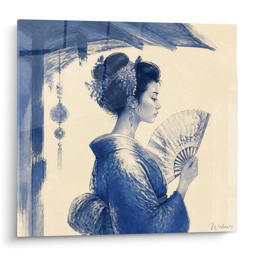 Tableau Geisha au éventail kimono bleu ivoire - Instant suspendu - Edition geisha