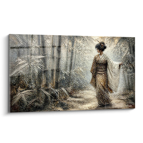 Tableau Kimono ivoire et brun sur sentier de bambous - Manche relevée au vent - Edition geisha