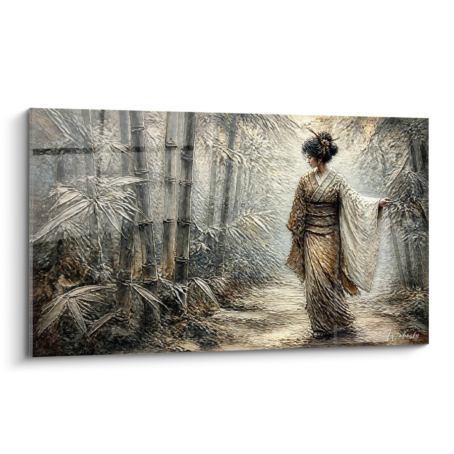 Tableau Kimono ivoire et brun sur sentier de bambous - Manche relevée au vent - Edition geisha