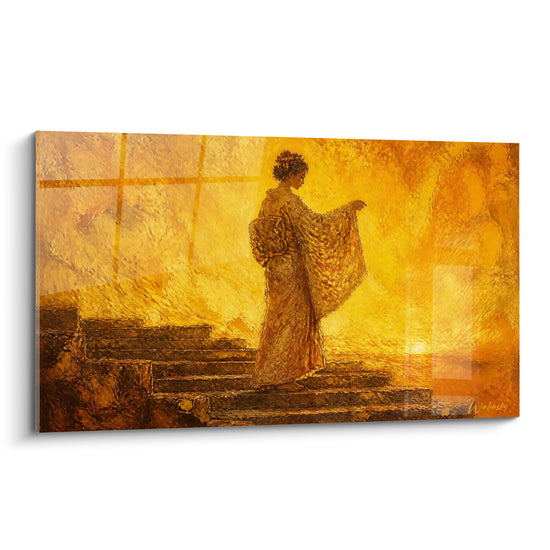 Tableau Geisha en kimono doré sur escalier ambré - Ascension dorée - Edition geisha
