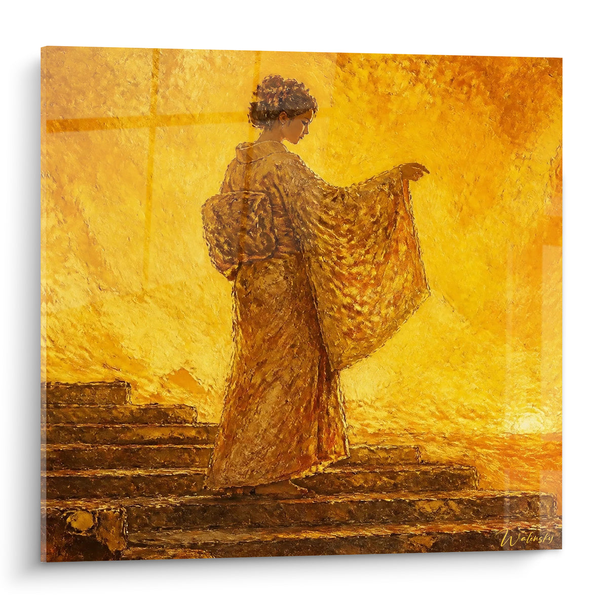 Geisha en kimono doré gravissant un escalier, tons ocre et bronze, texture picturale épaisse