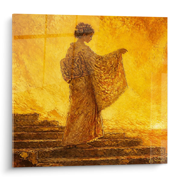 Tableau Geisha ocre et doré sur escalier - Lumière suspendue - Edition geisha