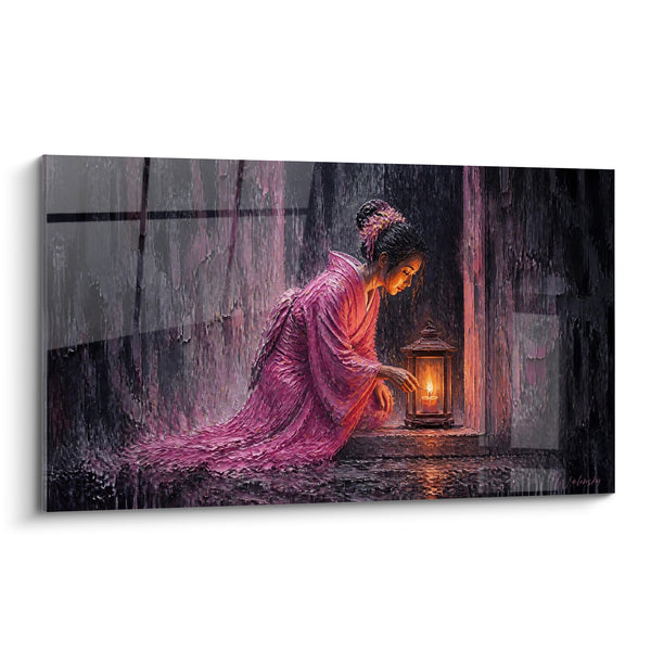Tableau Lanterne rose et grise sous l'averse - Reflet sur le sol mouillé - Edition geisha