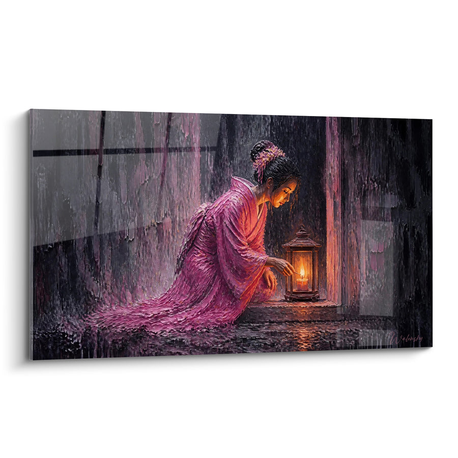 Tableau Lanterne rose et grise sous l'averse - Reflet sur le sol mouillé - Edition geisha