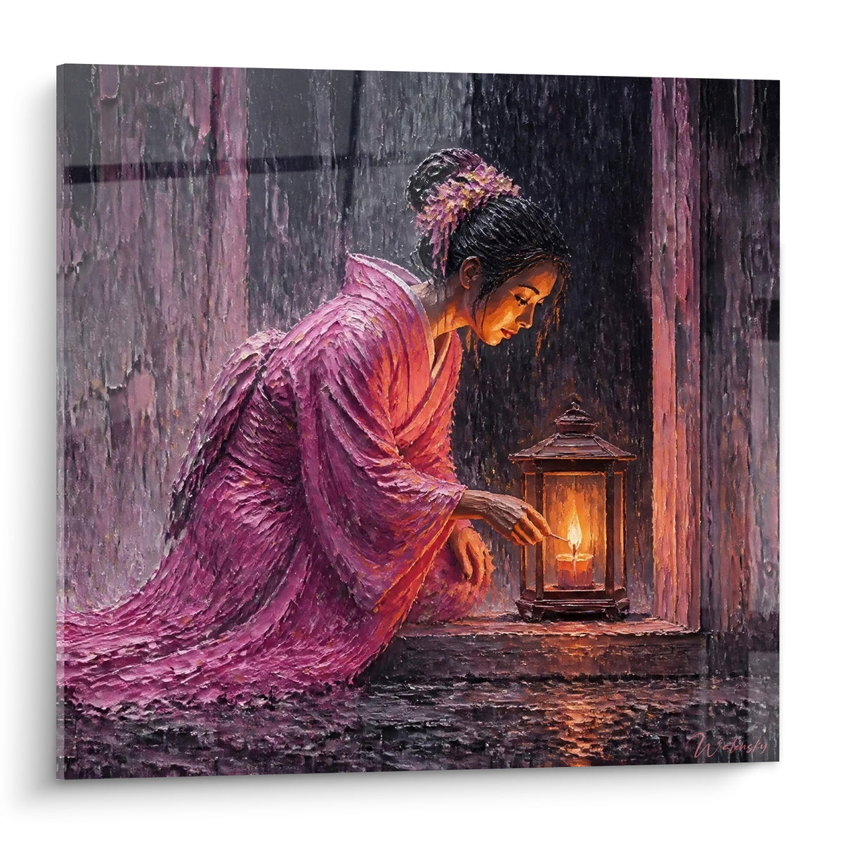 Wall art kneeling geisha in pink and fuchsia kimono lighting an ochre lantern beneath anthracite rain