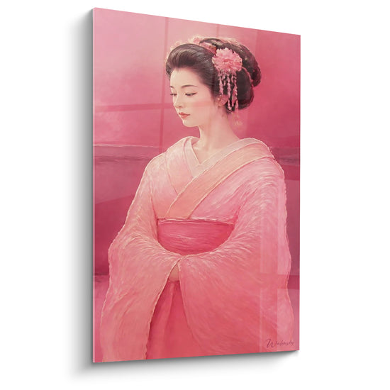 Tableau Kimono rose et corail à fleur capillaire - Chevelure ornée délicate - Edition geisha